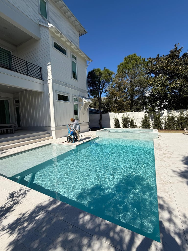 Modern white two-story home with swimming pool, child on tricycle, green landscape backdrop, clear blue sky