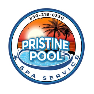 Pristine Pool Spa Service logo featuring a tropical sunset, palm tree, and blue pool water with contact number 850-218-6330