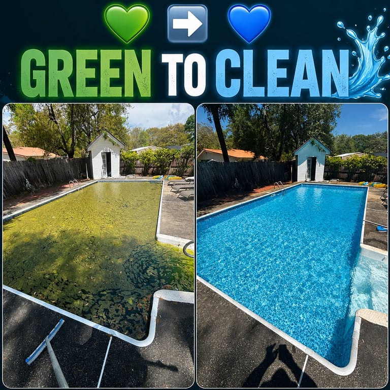 Before and after comparison of pool cleaning: green algae-filled pool transformed into sparkling blue clean water